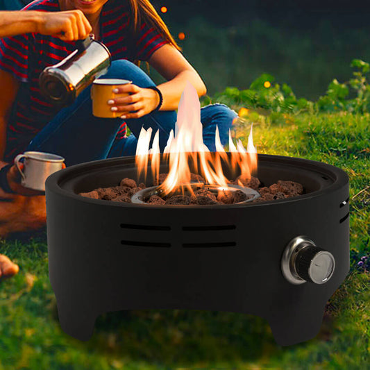 15'' Round Camping fire Pit with Lcokable Cover Lid as Portable Handle, 40,000 BTU Round Tabletop Propane Gas Fire Pit, Black