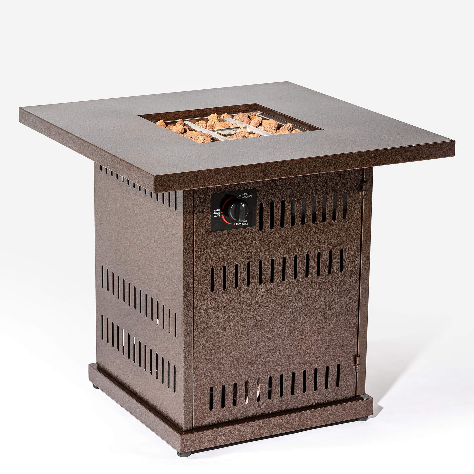 28'' Outdoor Propane Or Natural Gas Fire Pit Table with Painted Steel Tabletop, Lava Rocks, Stainless Steel Lid, Brown