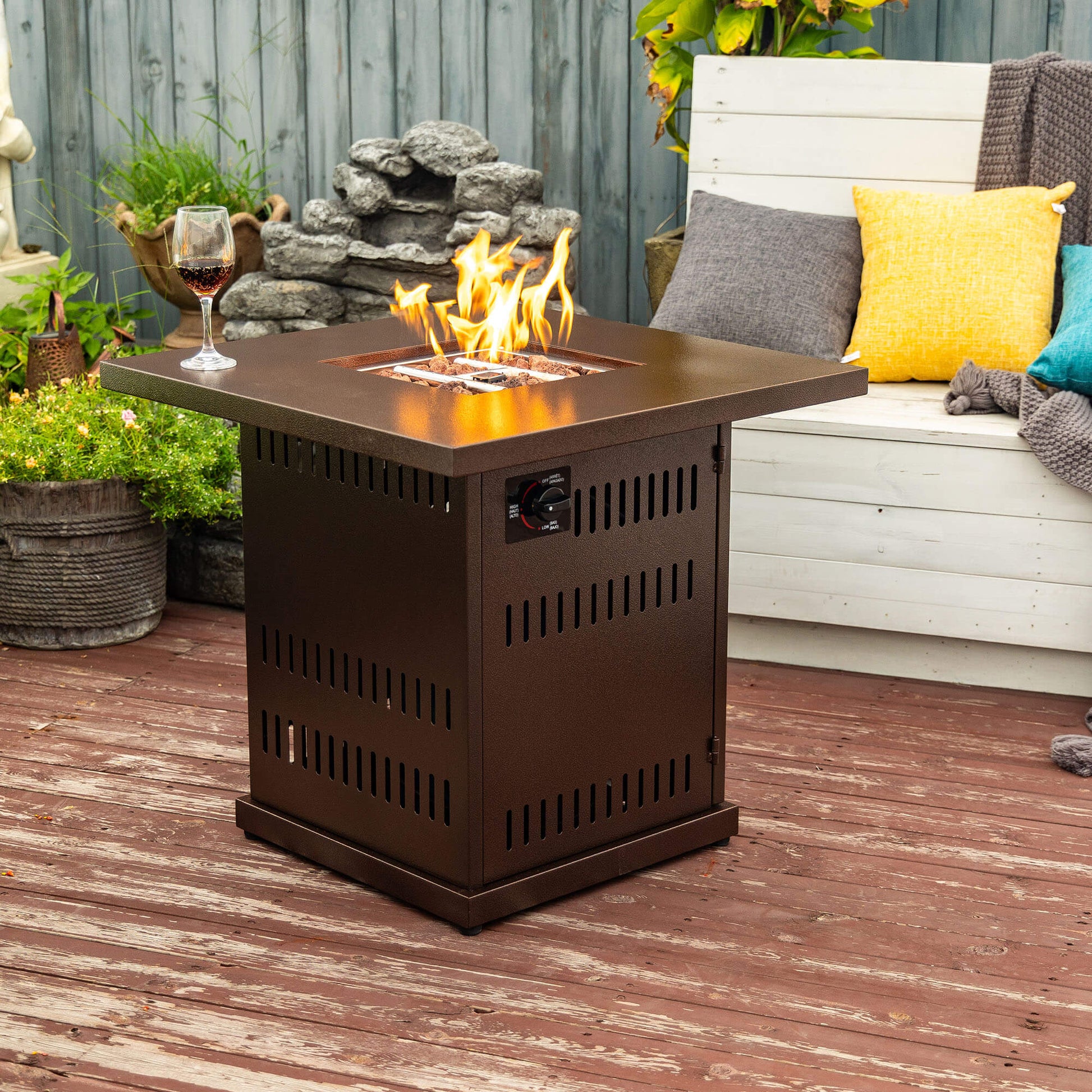 28'' Outdoor Propane Or Natural Gas Fire Pit Table with Painted Steel Tabletop, Lava Rocks, Stainless Steel Lid, Brown