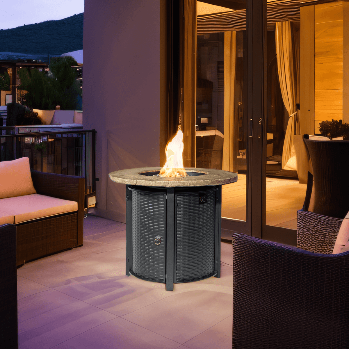 30'' Outdoor Round Wicker Propane/Natural Gas Fire Pit Table, 50,000 BTU Steel Gas FirePit&nbsp; with Steel Lid