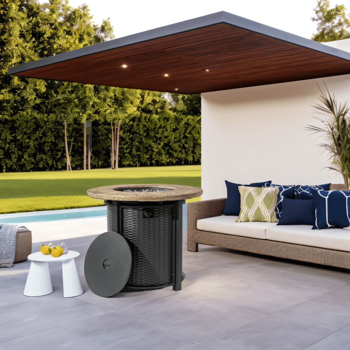 30'' Outdoor Round Wicker Propane/Natural Gas Fire Pit Table, 50,000 BTU Steel Gas FirePit&nbsp; with Steel Lid