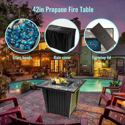 32'' Propane Fire Pit Table, Marble Tile Ceramic Tabletop with Glass Wind Guard, 50,000 BTU, Grey