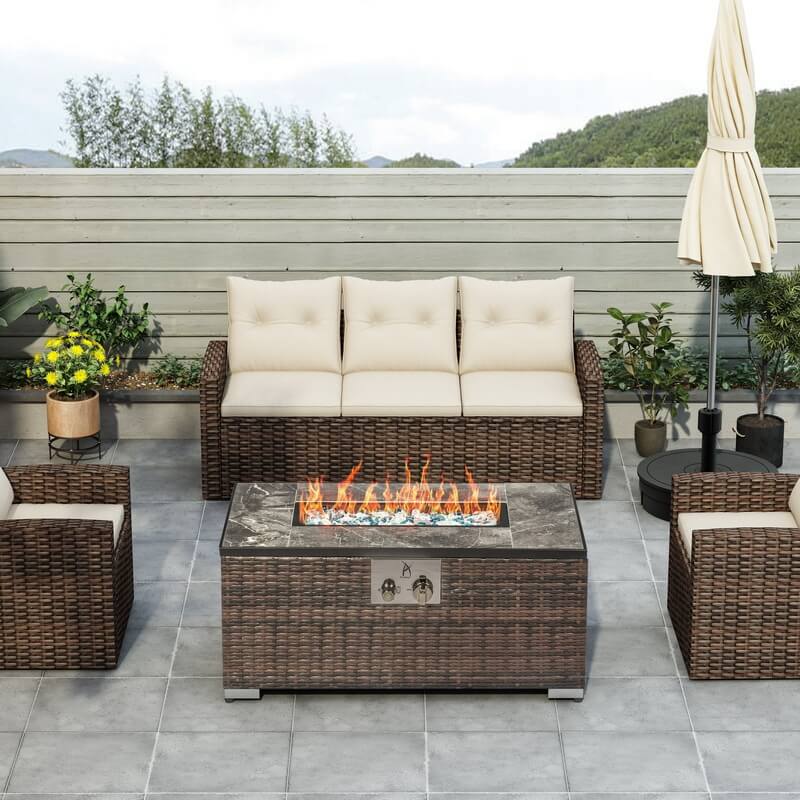 32'' Propane Fire Pit Table, Marble Textured Ceramic Tabletop, 50,000 BTU Fire Table with Brown Wicker, Mix Color Glass Bead, Including Lid&Cover, Rectangle