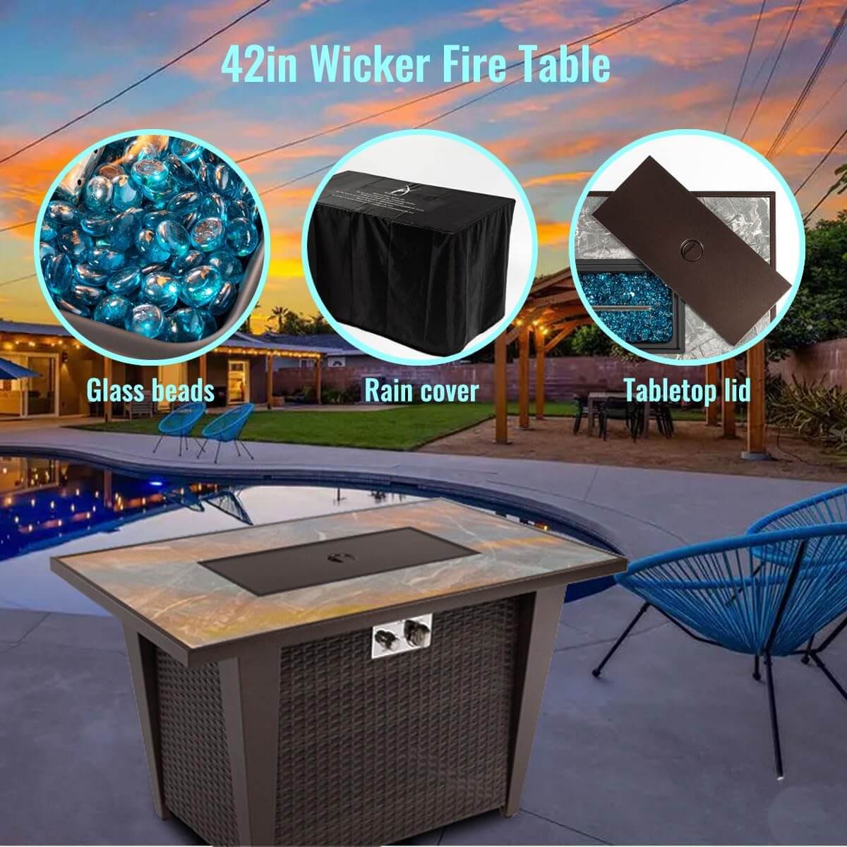 42'' Propane Fire Pit Table, Marble Tile Ceramic Tabletop with Glass Wind Guard