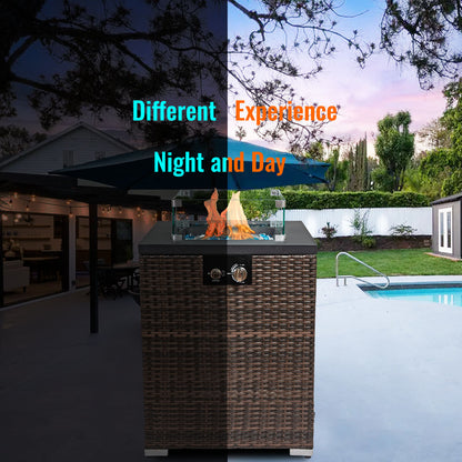22" Outdoor Wicker Propane/Natural Gas Fire Pit Table, 40,000 BTU Auto-Ignition Gas Firepit with Glass Wind Guard