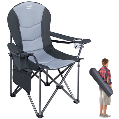 Folding Camping Chair with Carrying Bag, Cup Holder and Storage Pocket, Max 400lbs (Black grey)